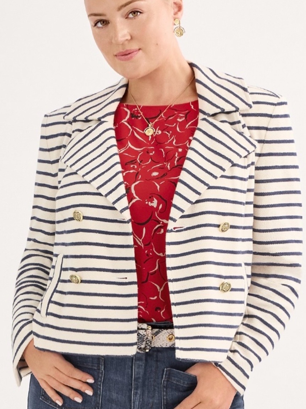CAbi Even Keel Navy & White Striped Double-Breasted Blazer